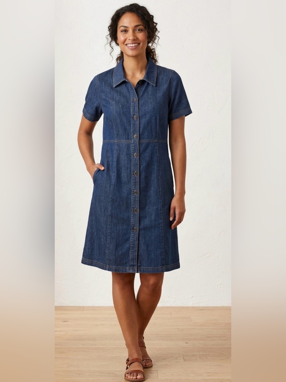 L.L. Bean 100% Cotton Dark Blue Short-Sleeve Denim Dress